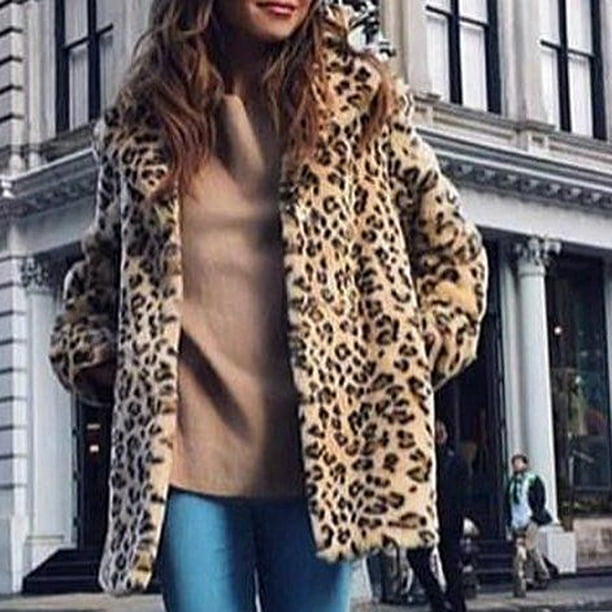 Leopard Fur Trench Chic Womens Warm Winter Lapel Long Jacket Parka Outwear Coat 